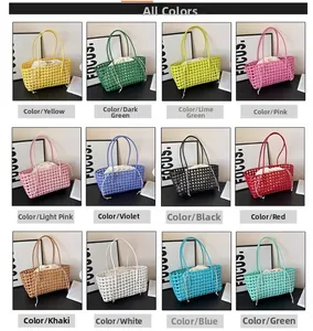 Grid view of 12 colorful woven basket bags with matching drawstring inner pouches