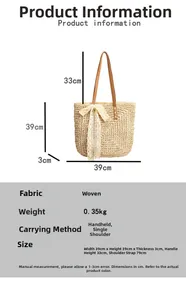 Size chart for raffia crochet tote bag with dimensions 39x39cm and shoulder strap details