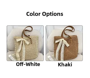 Detail of raffia woven tote bags in beige and khaki with lace bows and leather handles