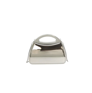 Silver metallic evening clutch featuring a sleek mirror finish and sleek chain strap