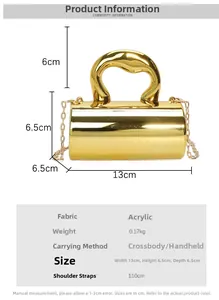 Size chart showing gold acrylic handbag dimensions and detailed crossbody specifications