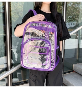 Detail of purple transparent PVC backpack with waterproof material and Good Time print