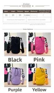 Size chart and color display for lightweight nylon crossbody bag with dimensions
