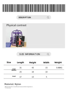 Tabla de tallas para mochilas de PVC moradas transparentes con dimensiones detalladas
