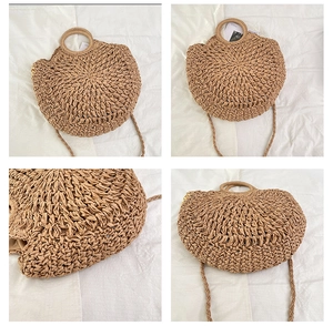 Detailed views of handmade straw handbag with fringe tassels and round woven handles