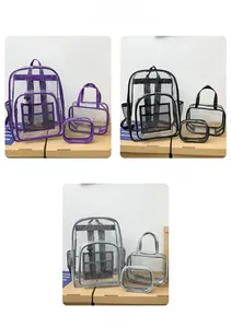 Set detallado de tres mochilas y bolsas de PVC transparente en color púrpura, negro y gris