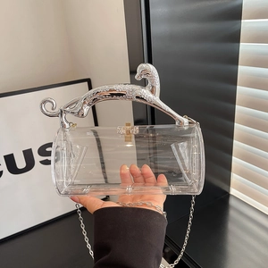 Transparent acrylic evening box bag with iconic silver leopard-shaped metal handle and chain