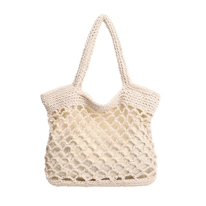 Beige cotton woven hollow tote bag with lining, bohemian shoulder bag for summer beach travel