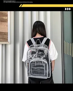Vista trasera de una mochila de PVC transparente con ribete gris usada en la ciudad