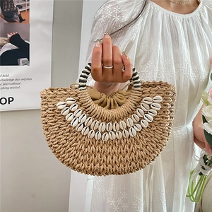 Semi-Circle Straw Handbag Woven Shell Decoration Beach Vacation Style Striped Handle Drawstring Inner Bag For Women