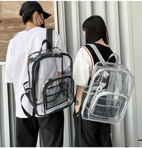 Mochilas transparentes de PVC con bordes negros y grises y bolsillos laterales de malla
