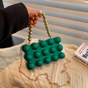 Chic emerald green bubble texture acrylic clutch bag with gold bead handle and chain
