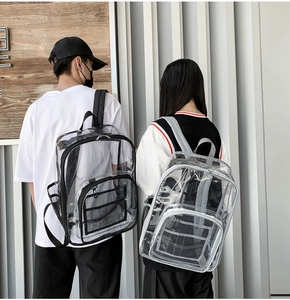 Detalle de la mochila transparente de PVC con correas acolchadas y bolsillos laterales