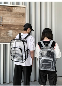 Foto de moda exterior de mochilas de PVC transparente con ribetes en negro y gris