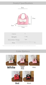 Detailed size chart and material specifications for girls' bow mini crossbody chain bag