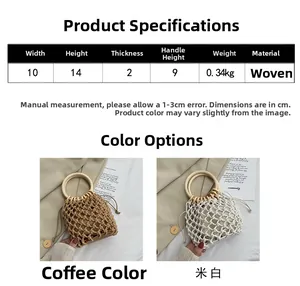 Size chart and details of woven handbag with wooden handles in beige and brown colors