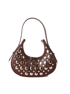 Brown moon-shaped shoulder bag with silver studs and top zipper on white background