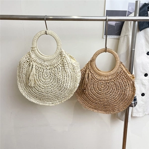 Round Straw Woven Handbag With Tassel Decoration Paper Rope Beach Bohemian Style Zip Closure For Women Casual