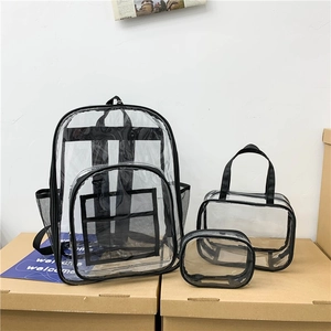 Three-piece clear PVC backpack set with black trim including tote and zipper pouch