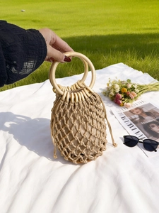 Hand-Woven Cotton Rope Handbag With Wooden Rings Drawstring Liner Hollow Mesh Beach Bucket Bag For Women