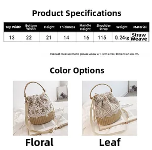 Detail of straw bucket bag with white floral lace embroidery and detachable strap