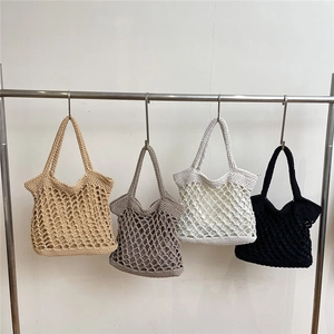 Women Woven Cotton Rope Shoulder Bag Hollow Out Net Tote With Inner Liner Zipper Large Capacity Bohemian Beach Vacation Casual