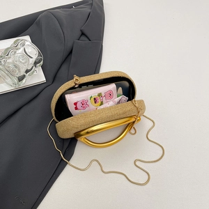 Elegant acrylic straw clutch bag with gold round metal handle and chain strap for women