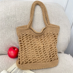 Fashionable beige woven cotton rope tote bag with mesh hollow design and zipper closure