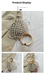 Detail of off-white woven mesh bag with wooden handles and drawstring cotton inner pouch