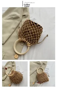 Detail of coffee brown woven mesh bag with wooden handles and drawstring cotton liner