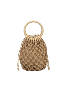 Handmade woven cotton rope bucket bag with round wooden handles and drawstring pouch