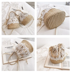 Detailed views of handmade straw bucket bag with floral lace and drawstring closure