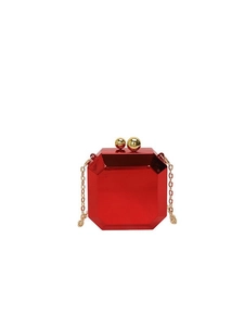 Octagonal red acrylic evening clutch bag with gold spherical clasp and chain strap