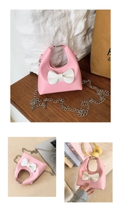 Detailed views of a pink mini girls' bag with a white bow and a metal chain strap