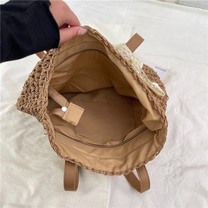 Large capacity raffia woven tote bag with white lace trim and leather handles for beach