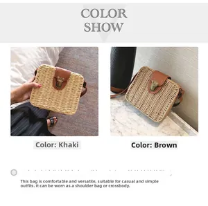 Detail view of khaki and brown straw woven bags with leather flap and retro metal lock