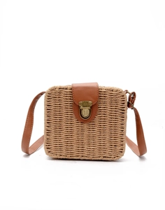 Square woven straw crossbody bag with brown leather flap and gold metal clasp