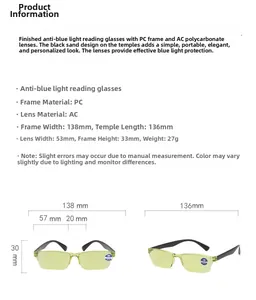 Detailed dimensions of blue light blocking reading glasses with PC frame and AC lenses