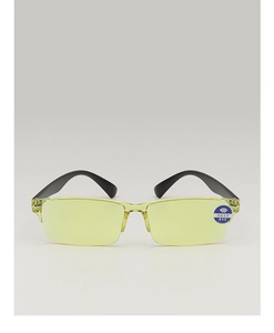 Detail of smart zoom reading glasses with yellow lenses and black semi-rimless frames