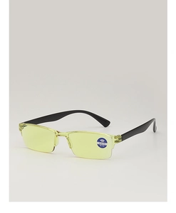 Detail view of anti-blue light reading glasses with yellow TR90 frames and black temples