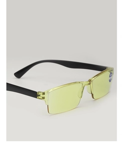 Close-up of semi-rimless anti-blue light glasses with yellow frame and matte black temples