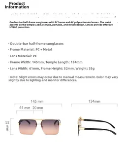 Detailed technical dimensions and size chart for UV400 semi-rimless sunglasses