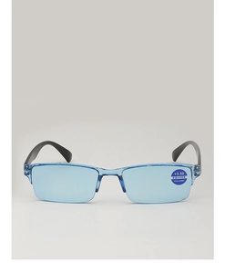 Detail of blue semi-rimless reading glasses with +3.50 strength and anti-blue light lens