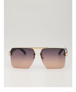 Close-up of gold double bridge square sunglasses with purple gradient lenses and black temples