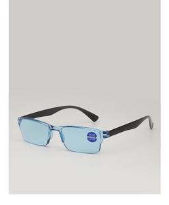 Detail of blue light blocking lens with specification label and black semi-rimless frame