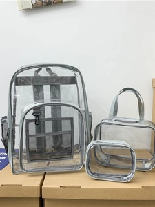 Three-piece clear PVC backpack set with grey trim including tote and small pouch