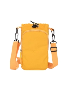 Bright yellow nylon crossbody bag with drawstring pocket and adjustable shoulder strap