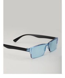 Detail view of anti-blue light reading glasses with black half-frame and blue lenses