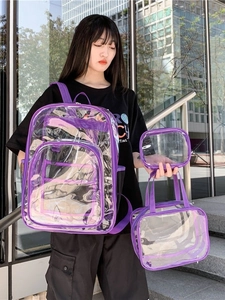 Three-piece purple transparent PVC backpack set with tote and makeup pouch for travel