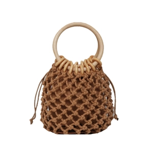 Brown cotton rope woven bucket bag with round wooden handles and drawstring lining